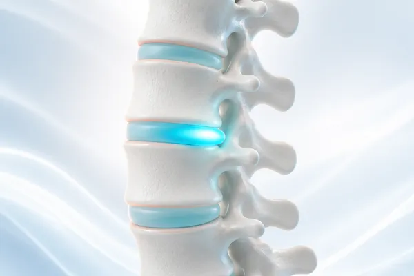 Render 3D de columna lumbar con un disco intervertebral protruido resaltado