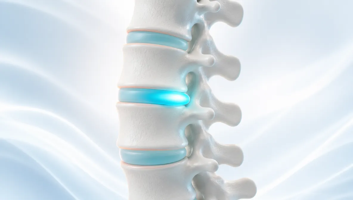 Render 3D de columna lumbar con un disco intervertebral protruido resaltado